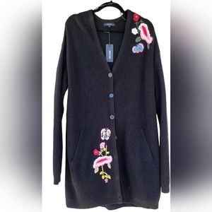Miss Me Knit Cartigan, Black w/ Embroidered flowers, Size Medium